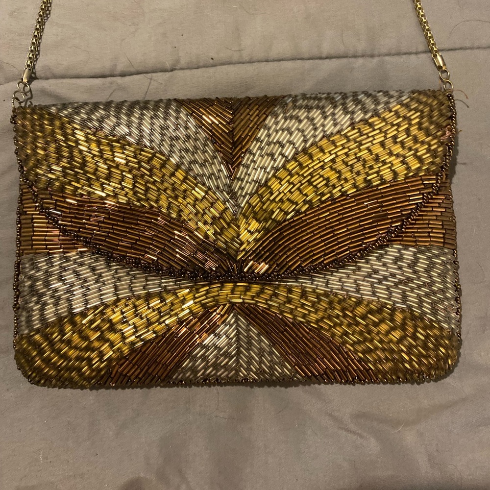 VINTAGE REGALE BEADED EVENING CLUTCH PURSE Brown/Gold w/ Gold Chain ART DECO
